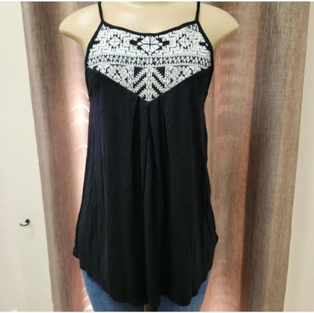 American Eagle Outfitters Black Tank with White Embroidered Yoke